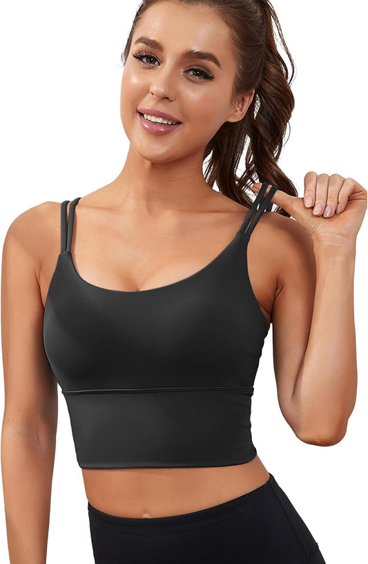 Womens Longline Sports Bra Padded Yoga Workout Crop Tank Tops Strappy Camisole Fitness Shirts