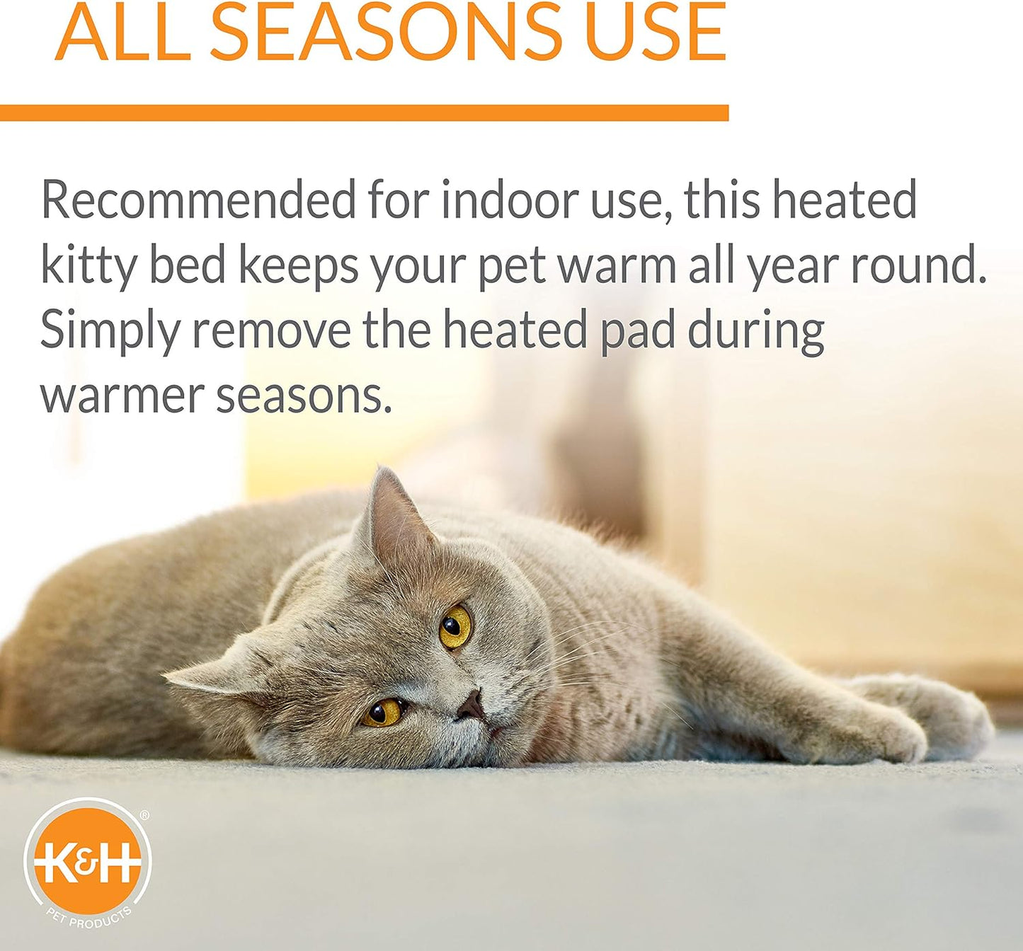 Bolster Heated Cat Bed for Indoor Cats, Thermo-Kitty Fashion Splash Orthopedic Foam Heated Pet Bed for Cats or Dogs, Waterproof Pet Heater, Safety Listed Small 18In round Blue