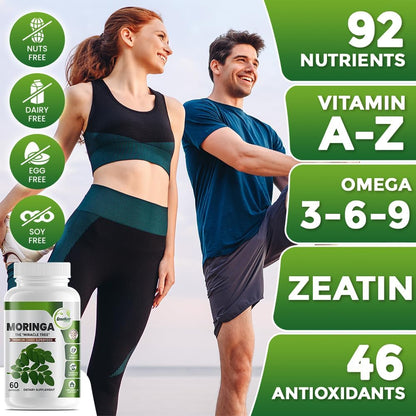 Pure Moringa Oleifera Leaf Extract Capsules, 1000 Mg per Serving. Gluten Free, NON GMO, Vegan Antioxidant Capsules. Natural Energy, Mood, Memory and Focus Enhancer. Premium Green Superfood (Pack of 3)